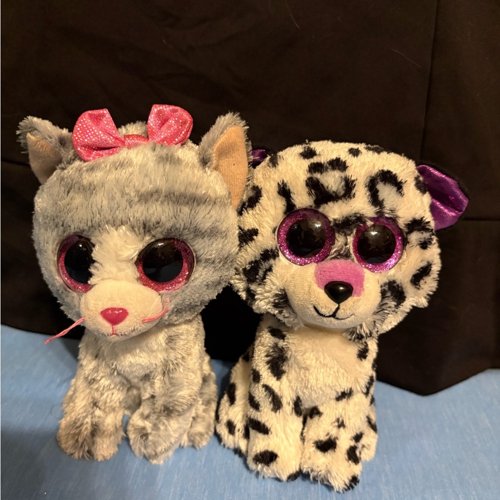 Ty Stuffed Animals Gray Cat and White Leopard with Pink Accents